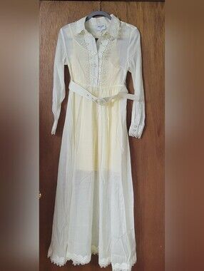 Dream Catcher Designer Vintage-Inspired Cream Lace Maxi Shirt Dress with Belt
